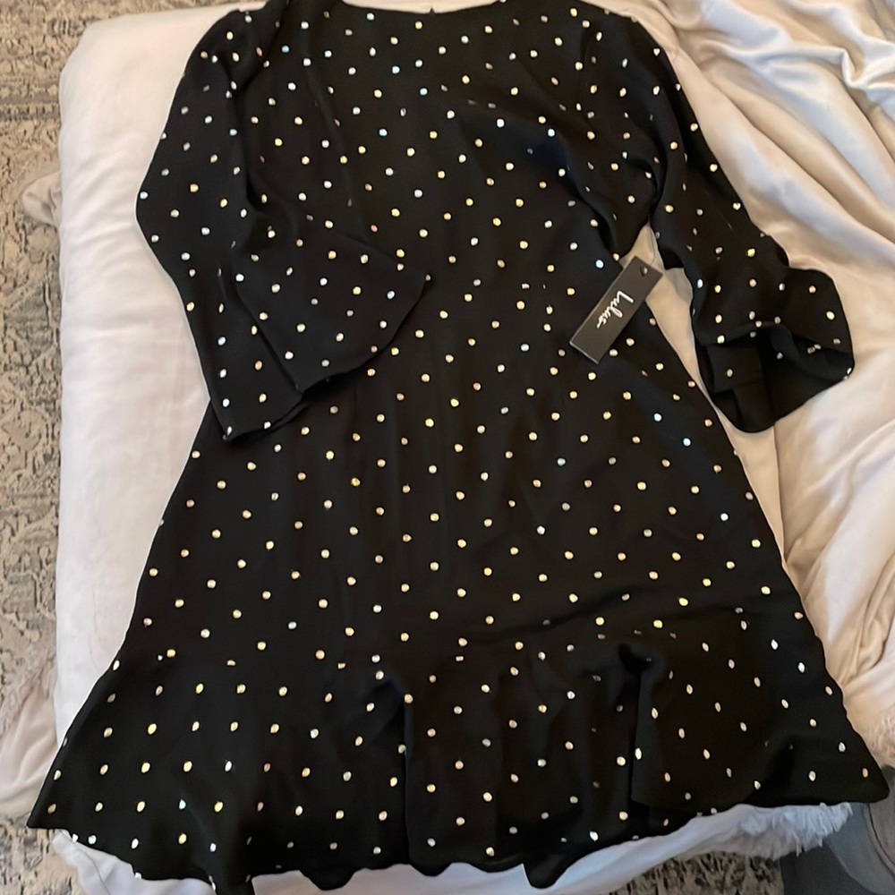 Lulus women’s black dress with gold dots NWT